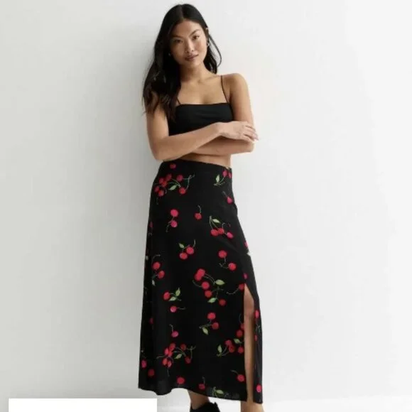 New Look Skirts Nwt Cherry Print Midi Skirt Petite 4p Poshmark